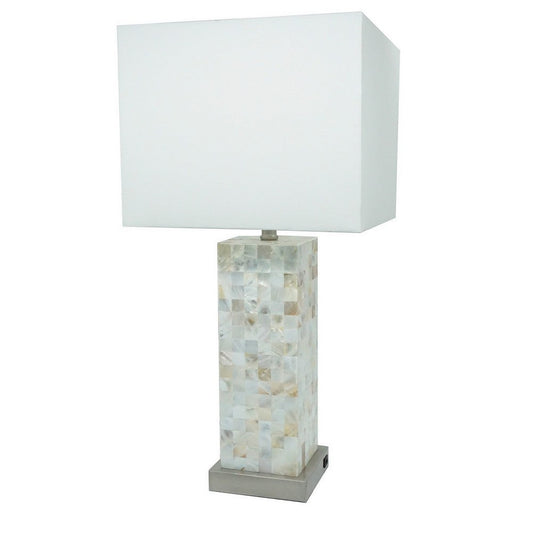 27 Inch Table Lamp Set of 2, Square White Shade, Steel Base, Marble, White By Casagear Home