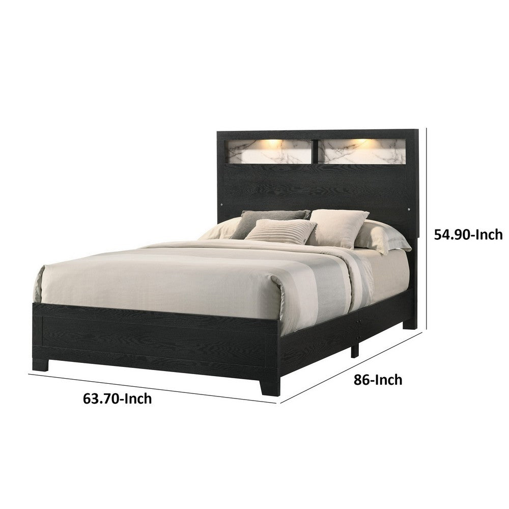 Yoh Queen Size Bed, Wood, Headboard with Lights and Shelves, Black By Casagear Home
