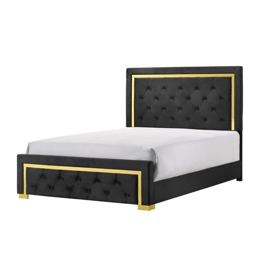 Robin King Size Bed, Platform Base, Gold, Button Tufted Black Upholstery By Casagear Home