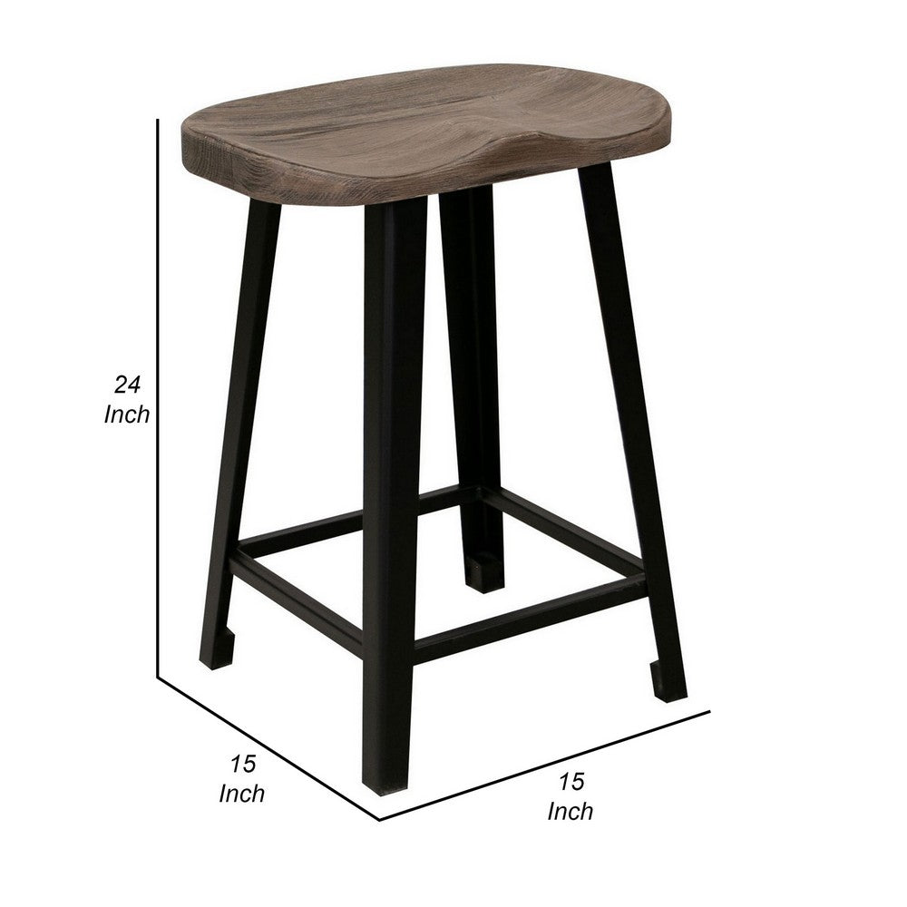 Simi 24 Inch Counter Height Stool, Industrial Black Metal Base, Brown Wood By Casagear Home