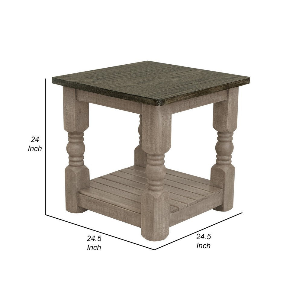 Nite 25 Inch Side End Table, Square Top, Lower Shelf, Rustic Brown Wood By Casagear Home