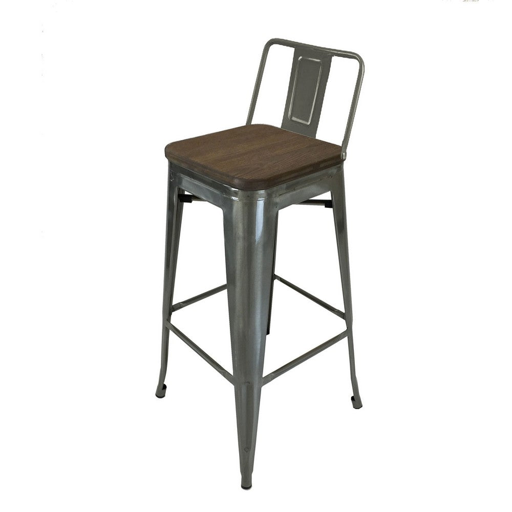 Trace 30 Inch Barstool Chair, Low Back, Wood Seat, Light Gray Metal By Casagear Home
