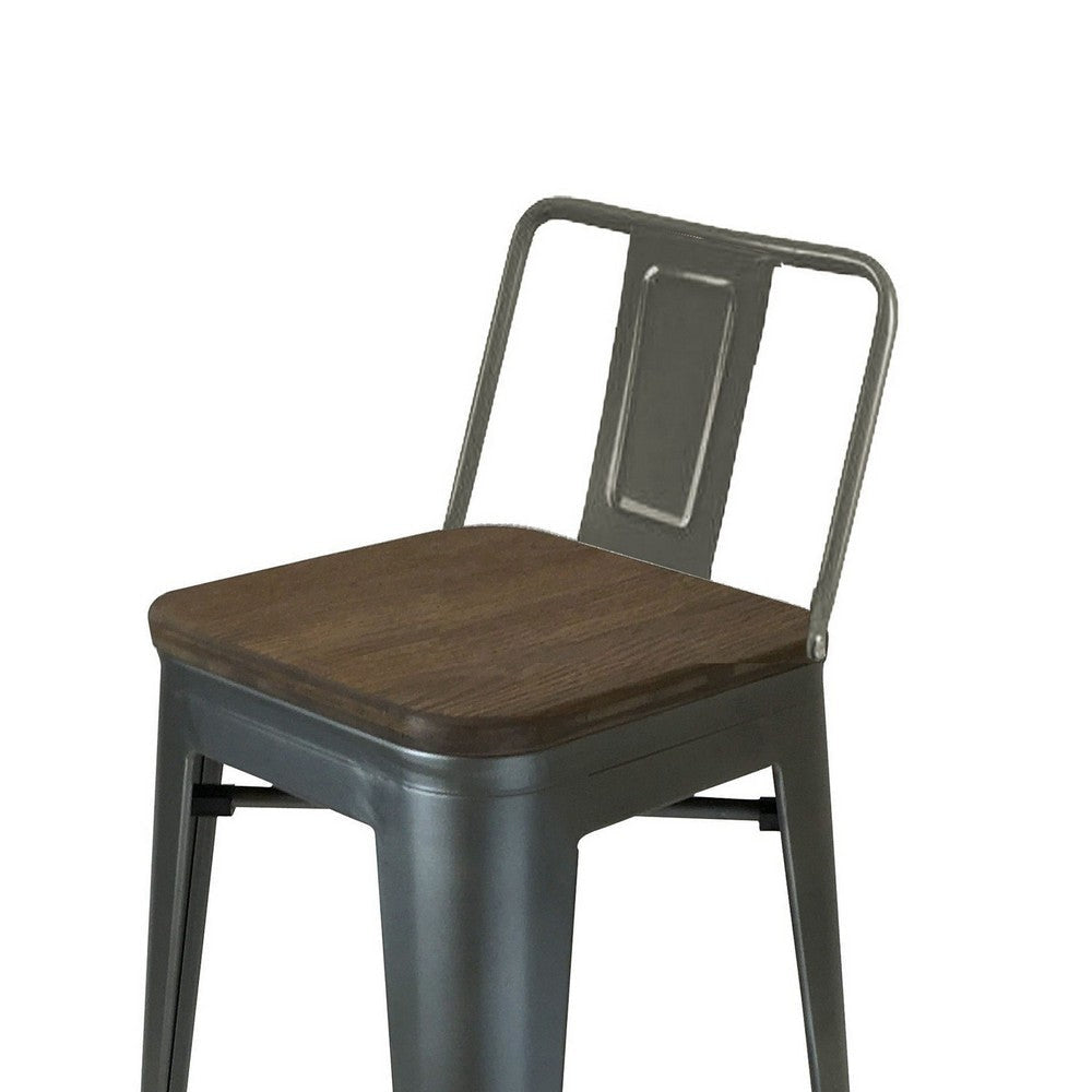 Trace 26 Inch Counter Stool Chair, Low Back, Wood Seat, Gray Metal Finish By Casagear Home