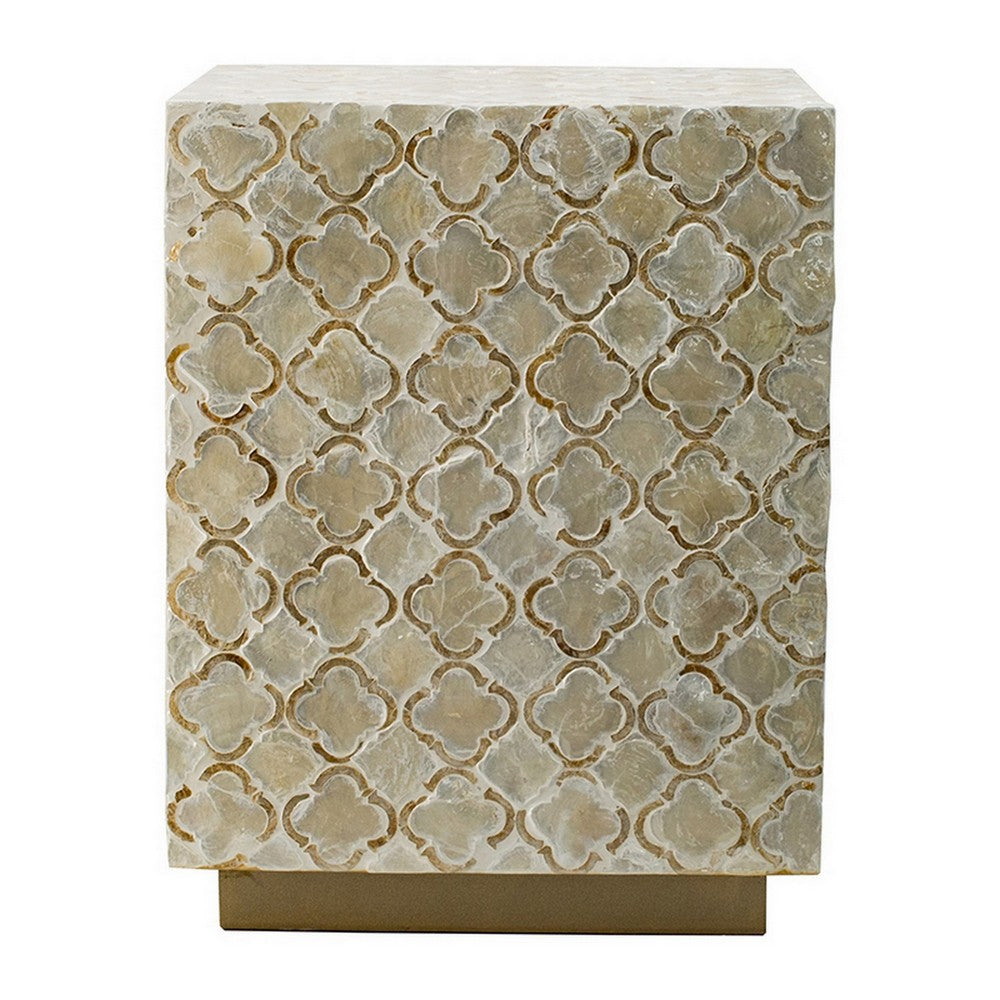 18 Inch Accent Side End Table Stool, Square, Cream Capiz, Gold Base By Casagear Home