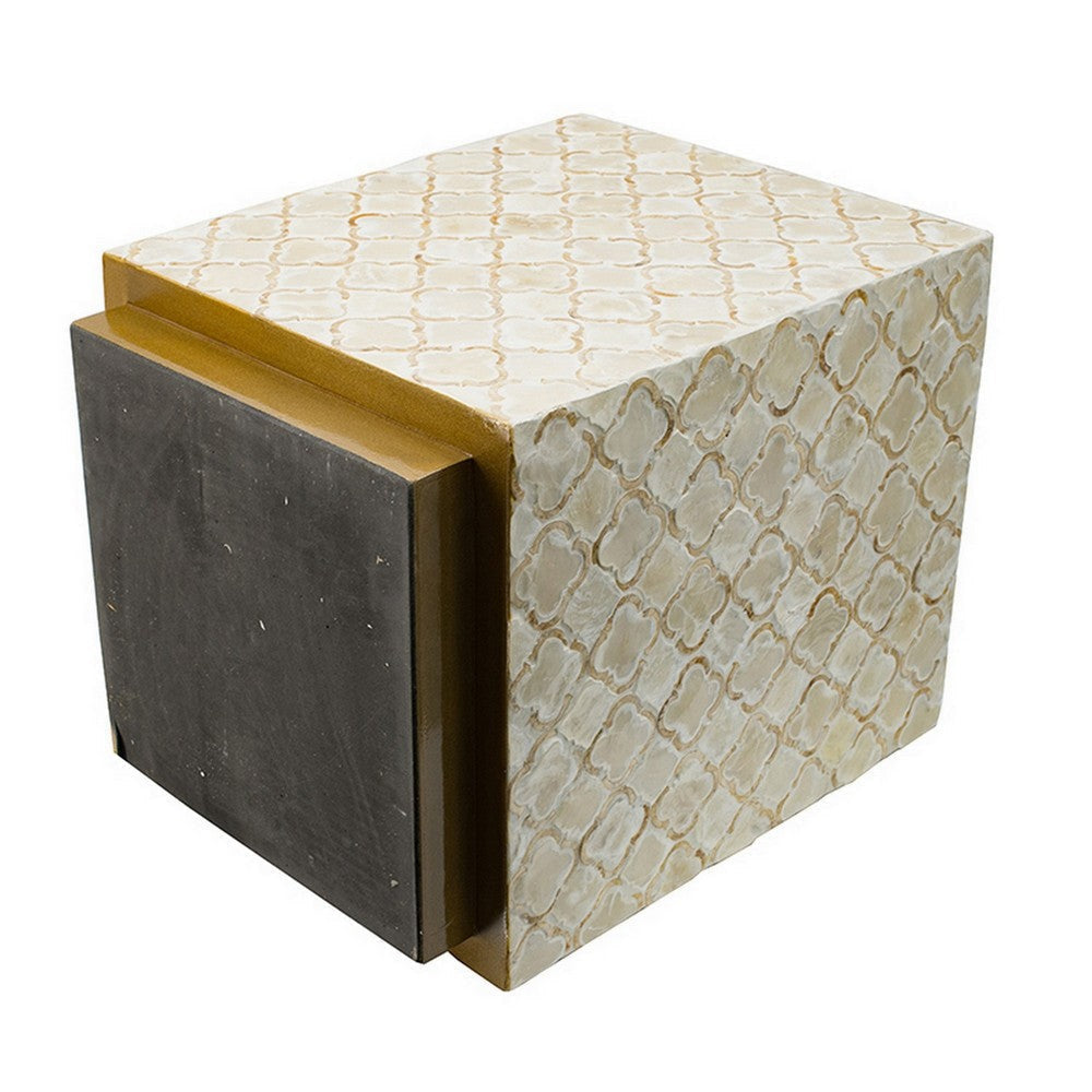 18 Inch Accent Side End Table Stool, Square, Cream Capiz, Gold Base By Casagear Home