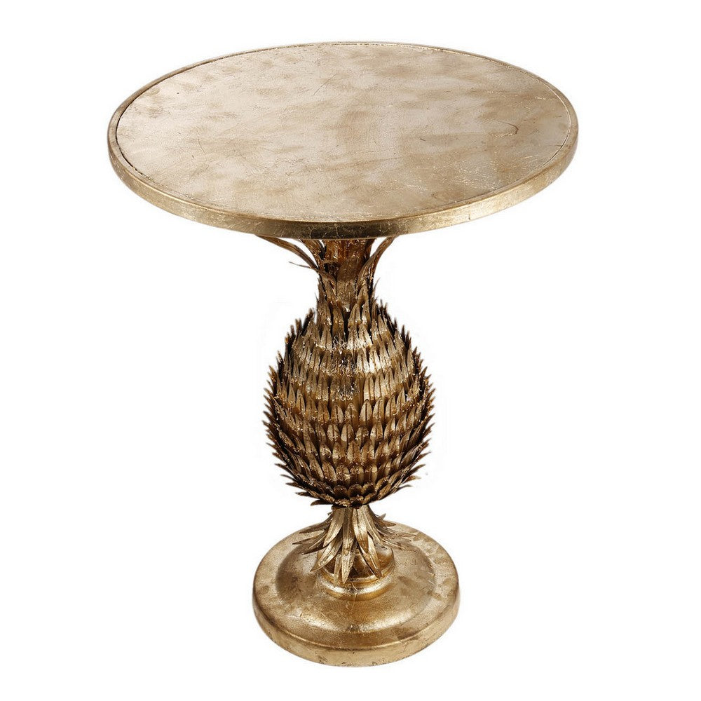 27 Inch Accent Side Table, Turned Pineapple Motif Design, Round Top, Gold By Casagear Home