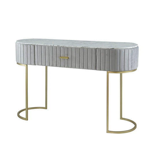 Jeah 47 Inch Console Table, 1 Drawer, Curved Gold Iron Base, Gray Fabric By Casagear Home