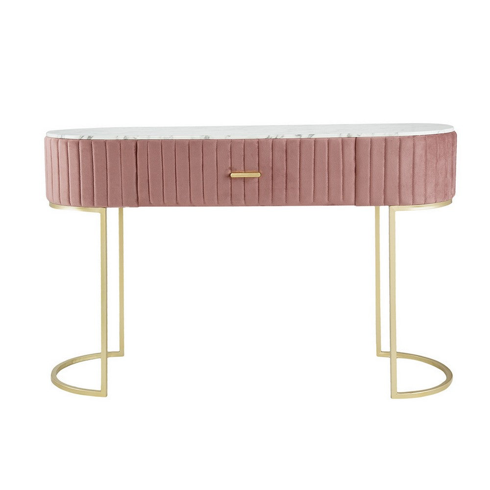 Jeah 47 Inch Console Table, 1 Drawer, Curved Gold Iron Base, Pink Fabric By Casagear Home