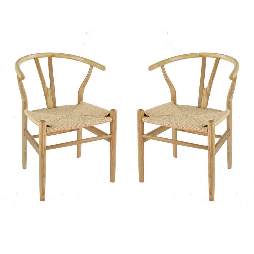 44 Inch Accent Chair, Set of 2, Wishbone Shape, Woven Seat, Ash Wood, Brown By Casagear Home