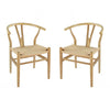 44 Inch Accent Chair, Set of 2, Wishbone Shape, Woven Seat, Ash Wood, Brown By Casagear Home