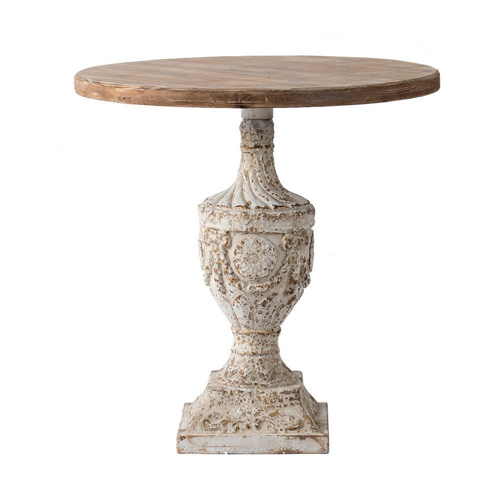 31 Inch Accent Side Table, Pedestal Urn Base, Round Top, Antique White By Casagear Home