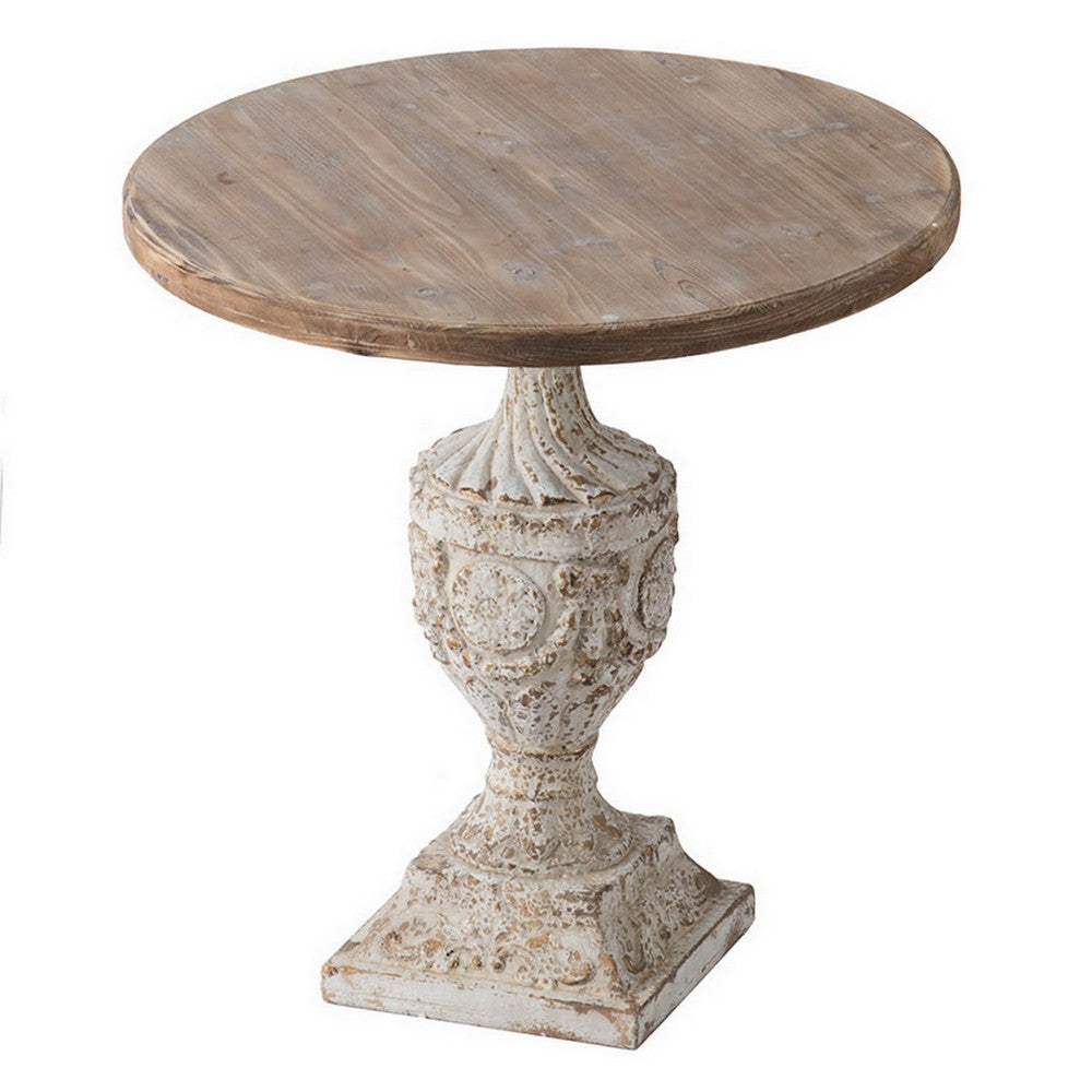 31 Inch Accent Side Table, Pedestal Urn Base, Round Top, Antique White By Casagear Home