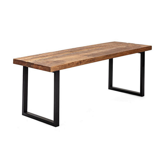 52 Inch Side Dining Bench, Black Iron Base, Mango Wood, Natural Brown By Casagear Home