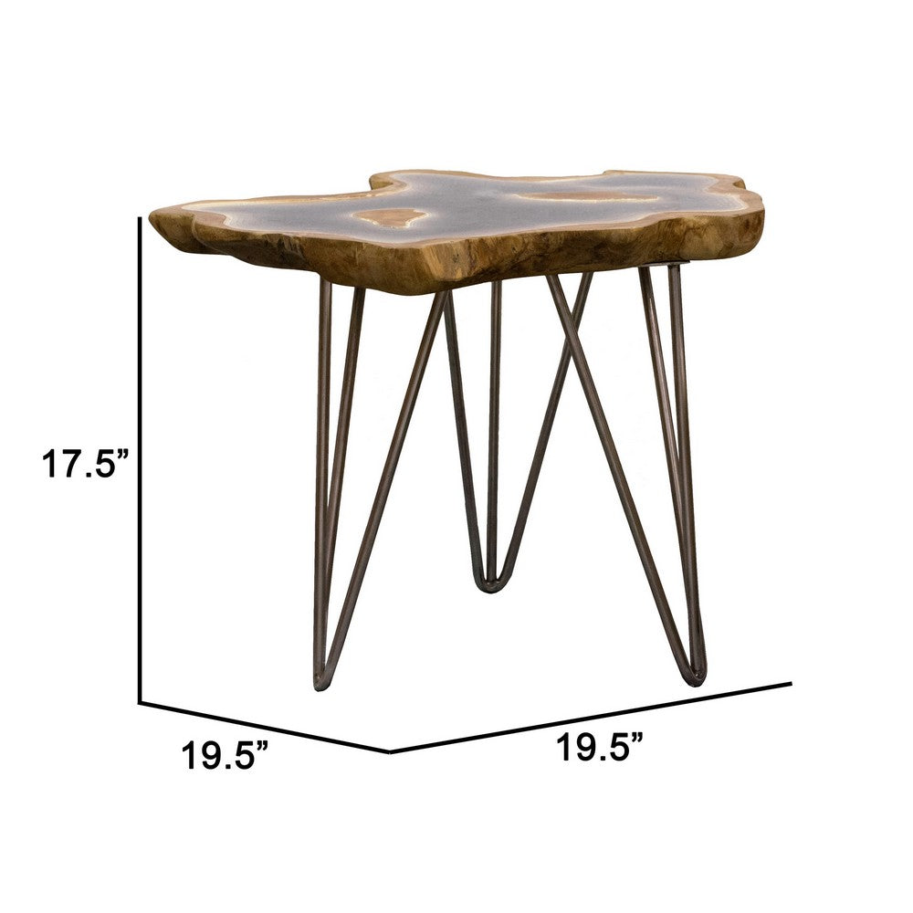 20 Inch Side Accent Table, Natural Edges, Hairpin Legs, Gray Resin, Brown By Casagear Home