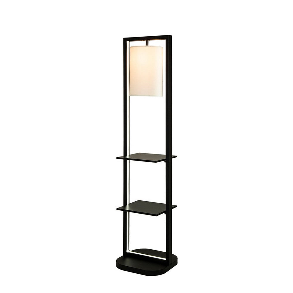 74 Inch Floor Lamp with 2 Shelves, Round Lampshade, Black Iron, White By Casagear Home