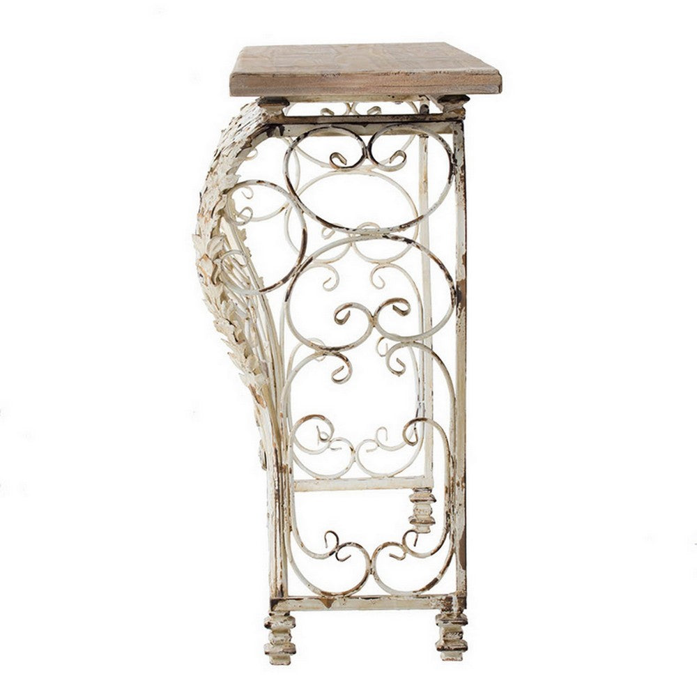55 Inch Console Sofa Table with Scrollwork, Iron Curved Base, Wood, White By Casagear Home