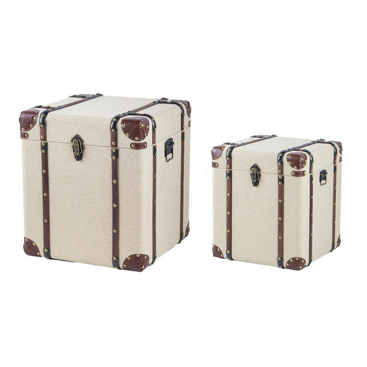 Vina 34 Inch Accent Storage Trunk Set of 2, Faux Leather, Cream Wood, Brown By Casagear Home