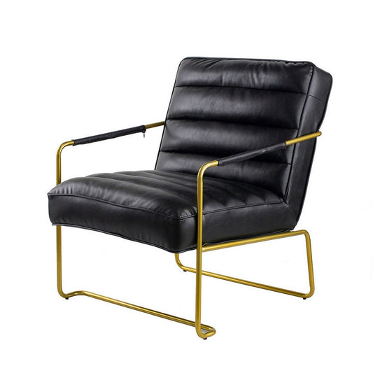 30 Inch Accent Chair, Gold Iron Frame, Channel Tufted Black Faux Leather By Casagear Home