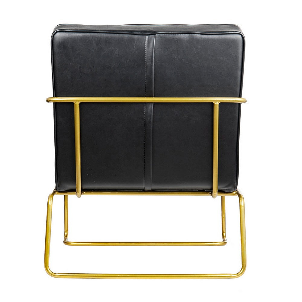 30 Inch Accent Chair, Gold Iron Frame, Channel Tufted Black Faux Leather By Casagear Home