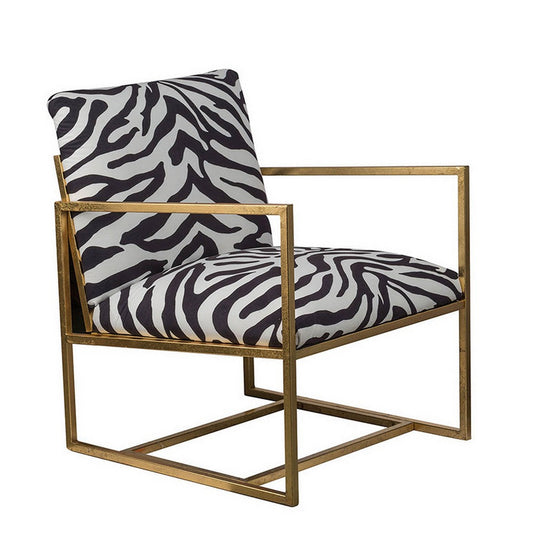 27 Inch Accent Armchair with Zebra Print, Polyester Upholstery, Iron, Gold By Casagear Home