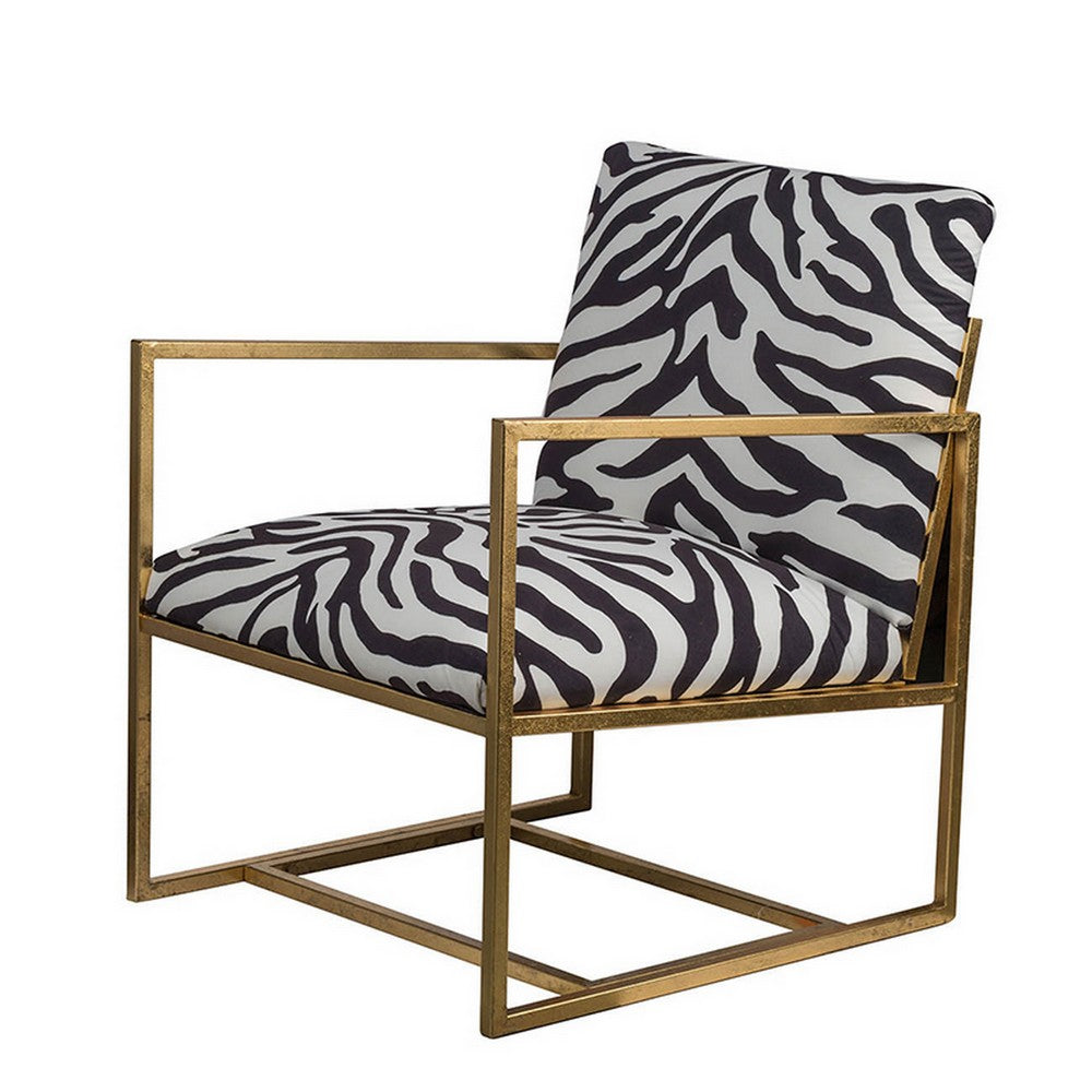 27 Inch Accent Armchair with Zebra Print, Polyester Upholstery, Iron, Gold By Casagear Home