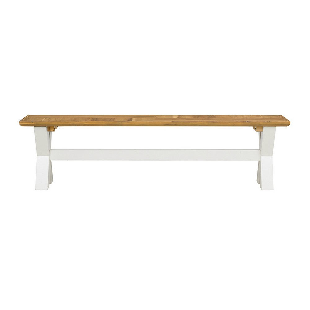 70 Inch Dining Bench, White X Leg Trestle Base, Acacia Wood, Brown Seat By Casagear Home