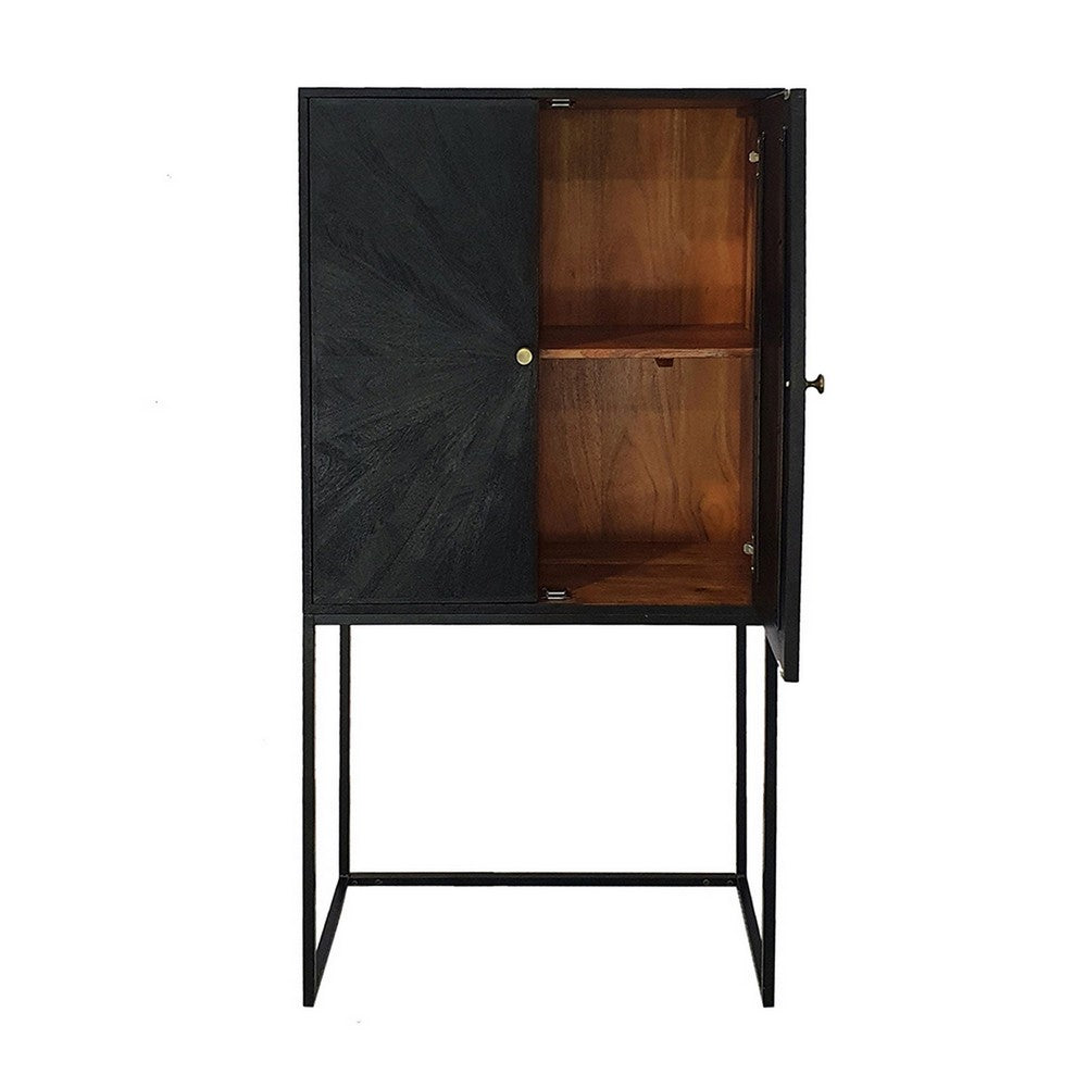 59 Inch Accent Cabinet, 2 Doors, Iron Stand, Acacia Wood, MDF, Black  By Casagear Home