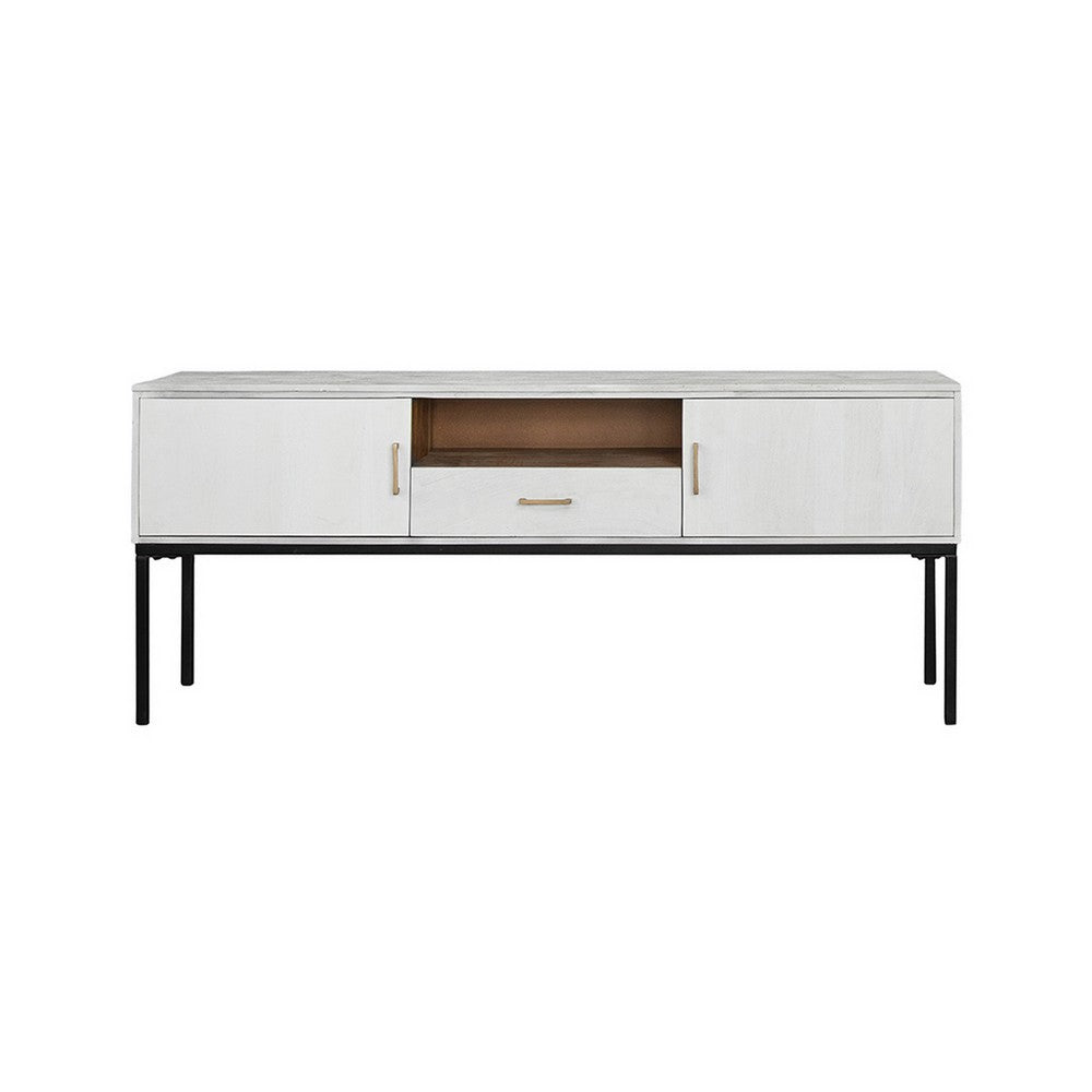 72 Inch TV Media Entertainment Console, 2 Doors, White Wood, Black Iron By Casagear Home