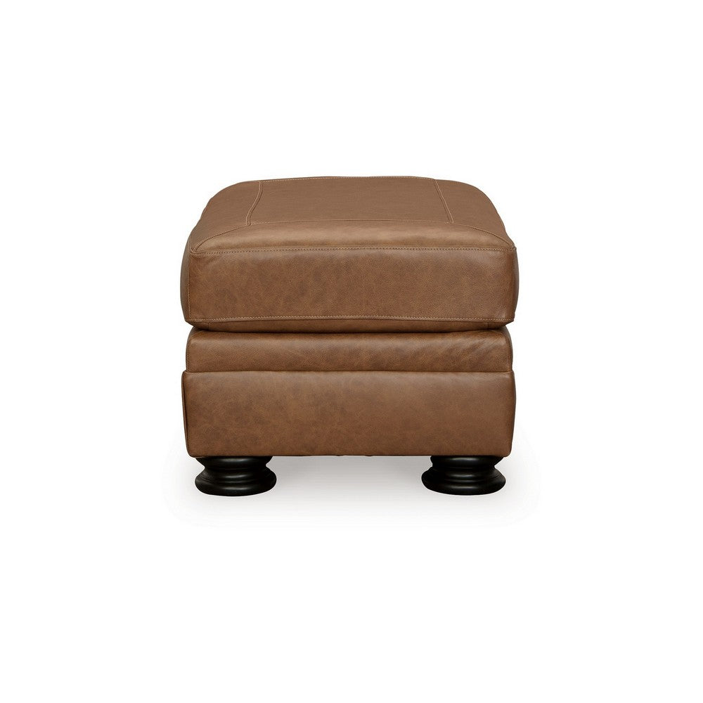 Aida 44 Inch Ottoman, Plush Cushion Top, Caramel Brown Genuine Leather By Casagear Home