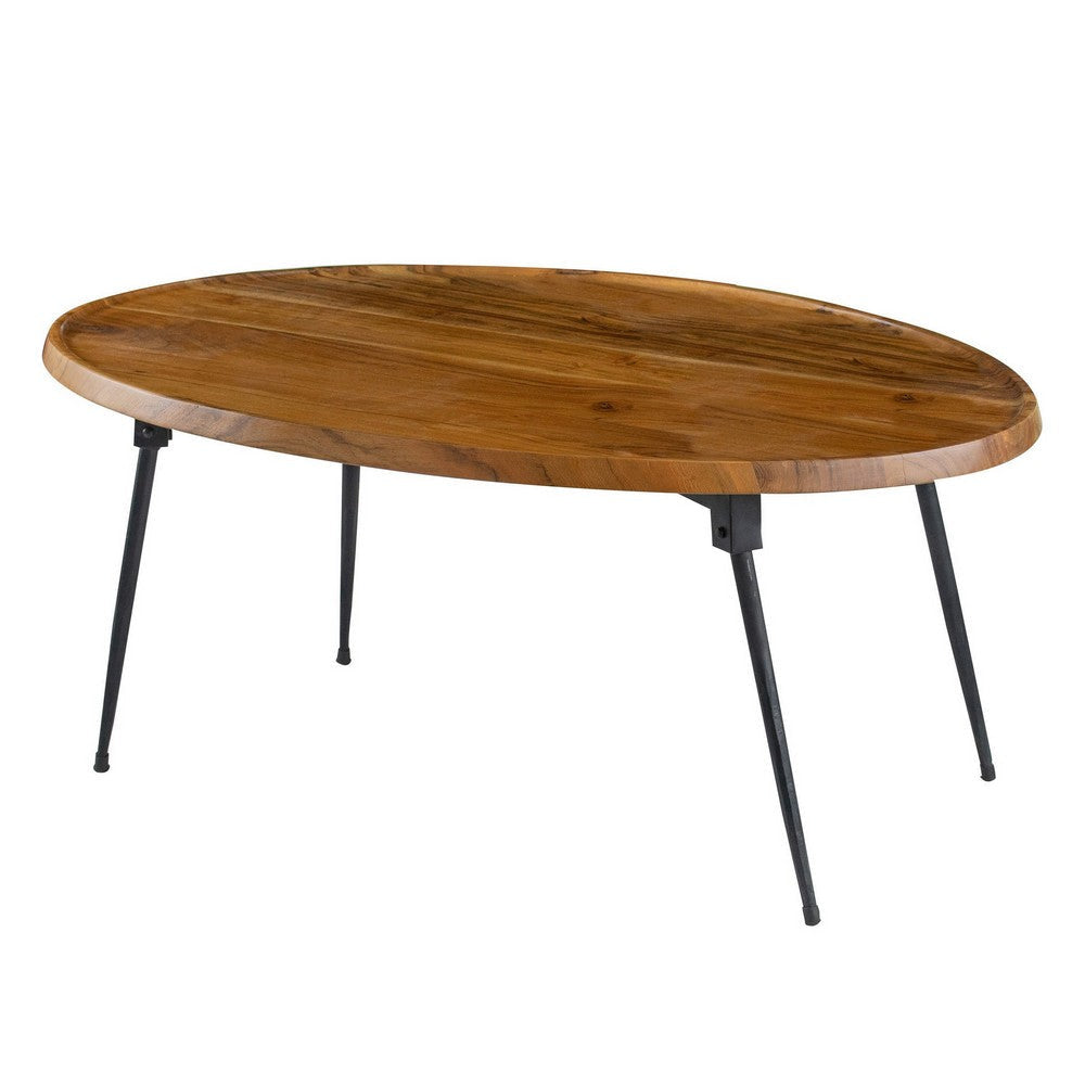 Aji 31 Inch Coffee Table, Oval Acacia Wood Top, Iron Legs, Brown and Black By Casagear Home