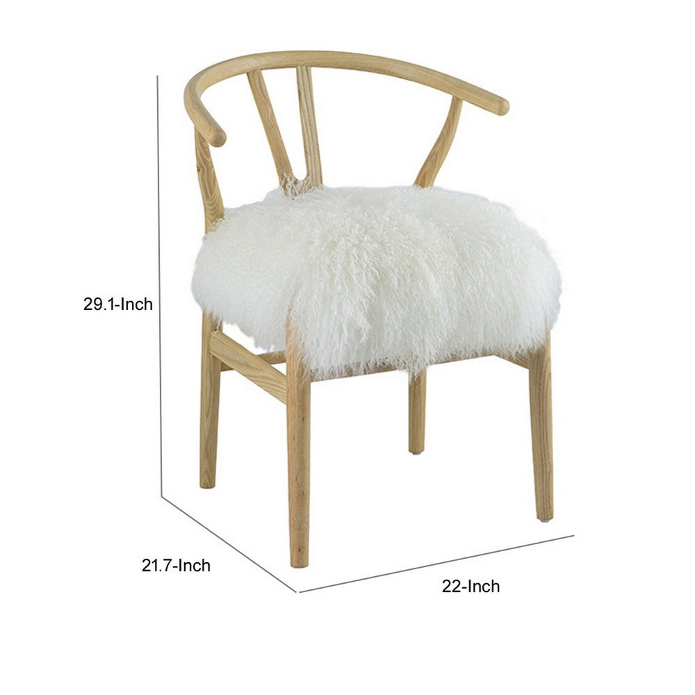 44 Inch Accent Chair Set of 2, White Faux Fur, Wishbone, Beige Ash Wood By Casagear Home