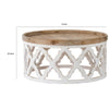 32 Inch Coffee Table, Carved Wood, Round Tray Top, Brown and White Finish By Casagear Home