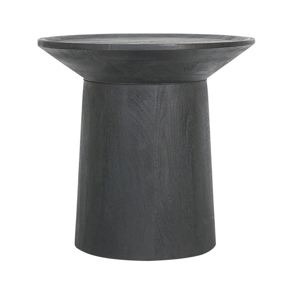 20 Inch Side End Table, Round Mango Wood Top, Cylindrical Base, Black By Casagear Home