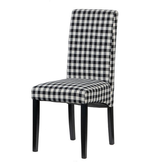 21 Inch Side Dining Chair Set of 2, Black, White Checkered Gingham Fabric  By Casagear Home