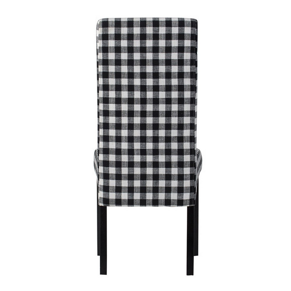 21 Inch Side Dining Chair Set of 2, Black, White Checkered Gingham Fabric  By Casagear Home