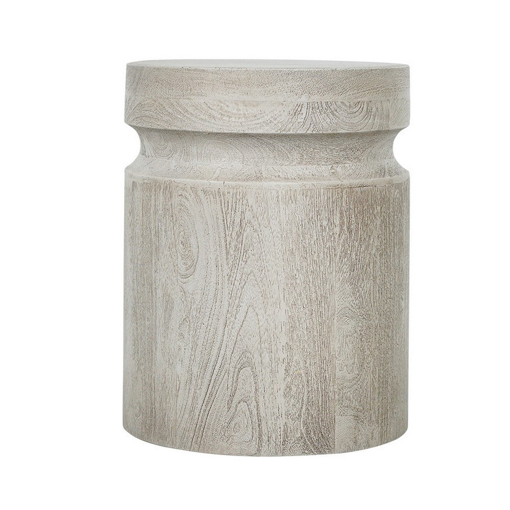 Kiv 18 Inch Side End Table, Round Mango Wood Top, Carved Accent Base, Gray By Casagear Home