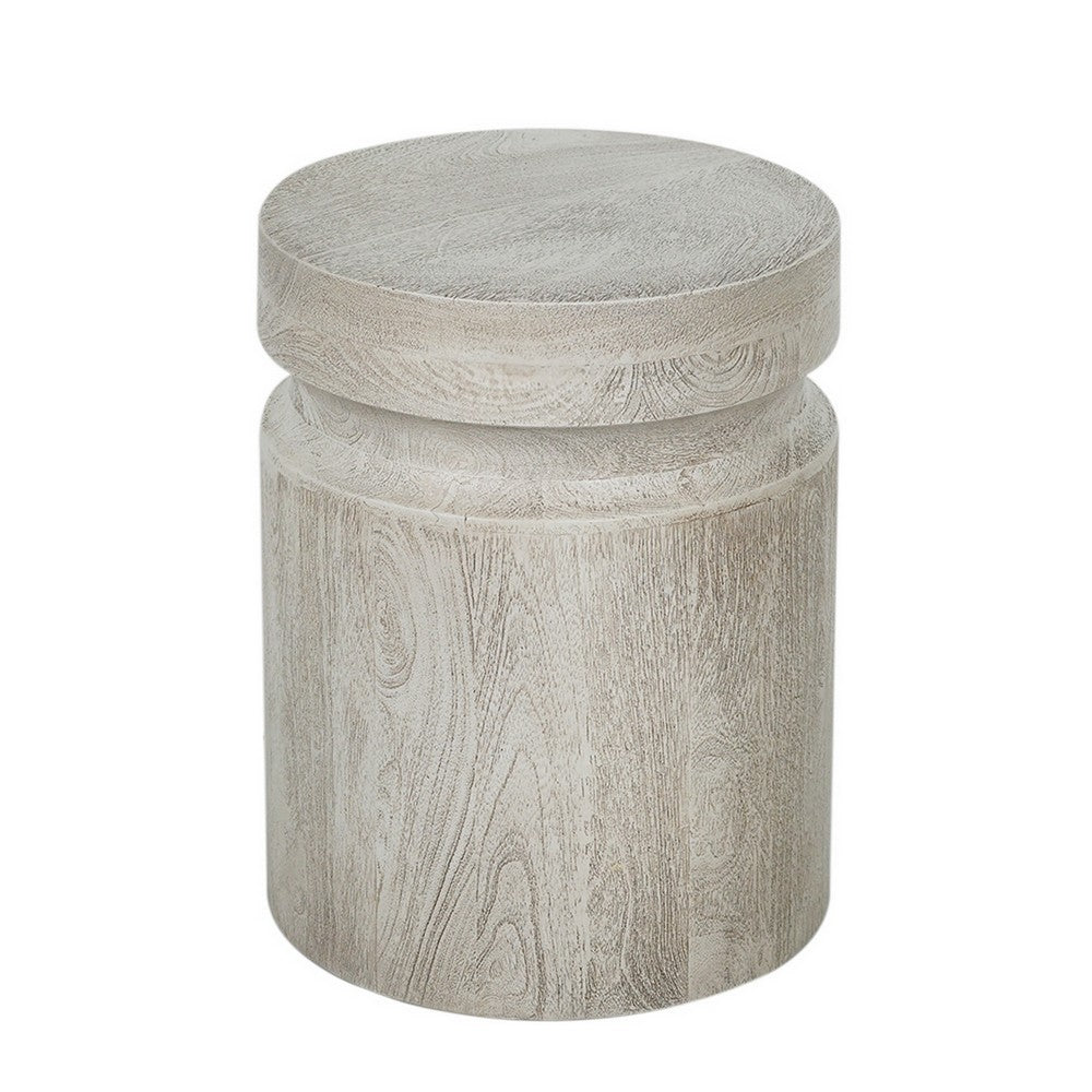 Kiv 18 Inch Side End Table, Round Mango Wood Top, Carved Accent Base, Gray By Casagear Home