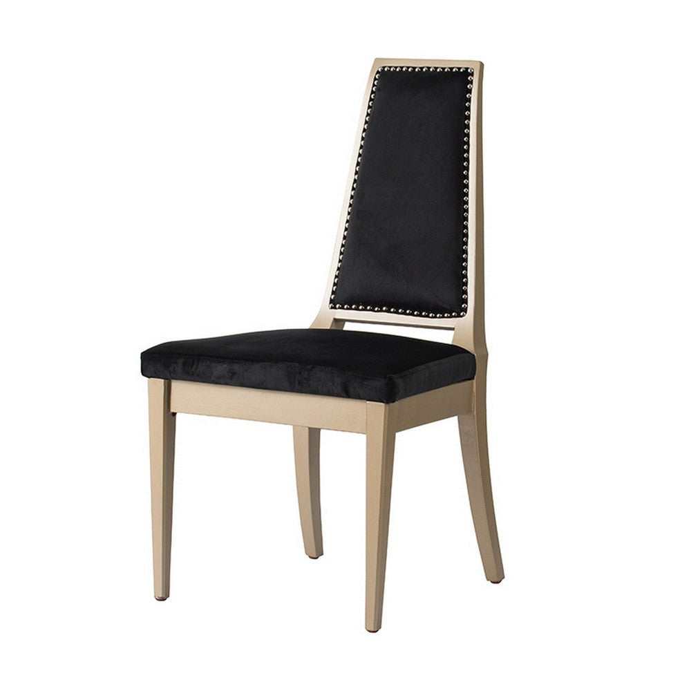 23 Inch Side Dining Chair, Black Soft Velvet Upholstery, Beige Rubberwood By Casagear Home