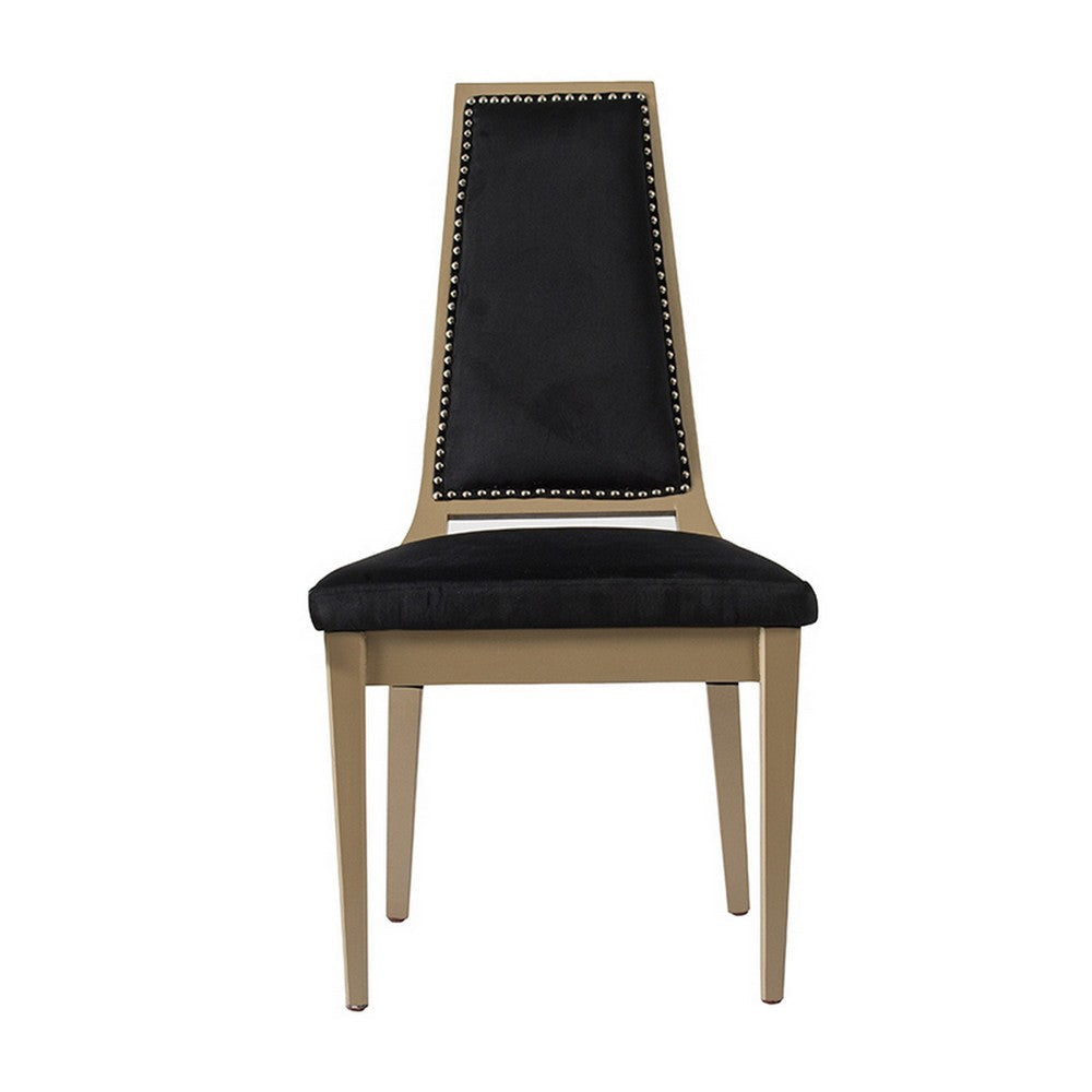 23 Inch Side Dining Chair, Black Soft Velvet Upholstery, Beige Rubberwood By Casagear Home