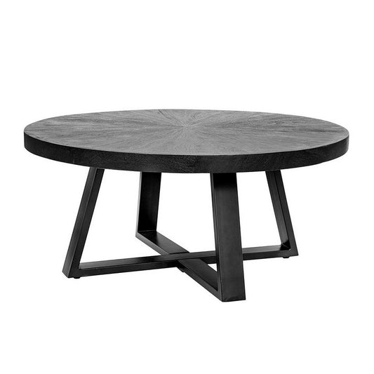 Raj 39 Inch Round Coffee Table, Cross Legs Design, Black Acacia Wood, Iron By Casagear Home