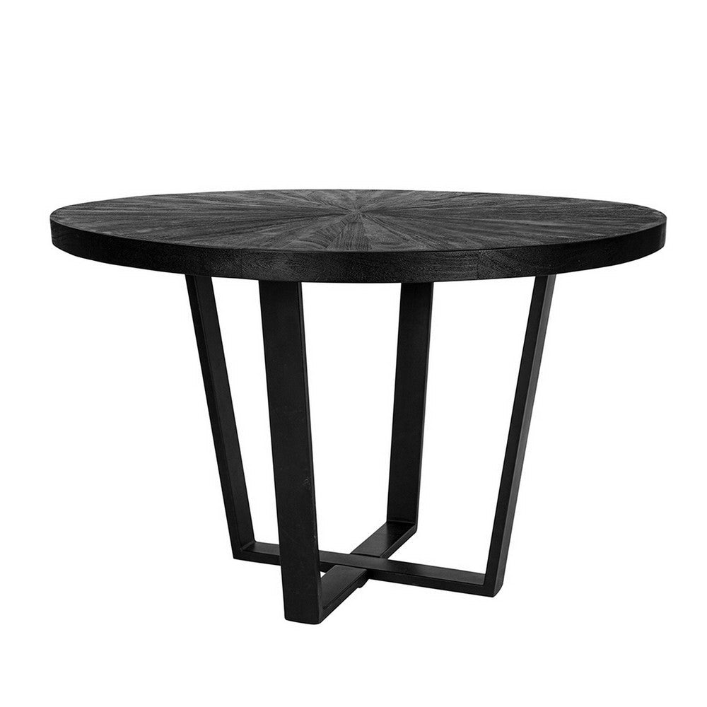 Raj 47 Inch Round Dining Table, Cross Legs Design, Black Acacia Wood, Iron By Casagear Home
