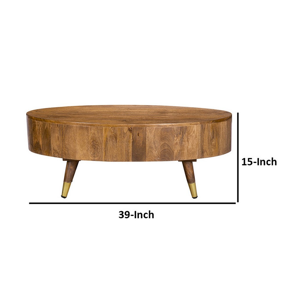 39 Inch Coffee Table, Oval Mango Wood Top, Angled Iron Legs, Rustic Brown By Casagear Home