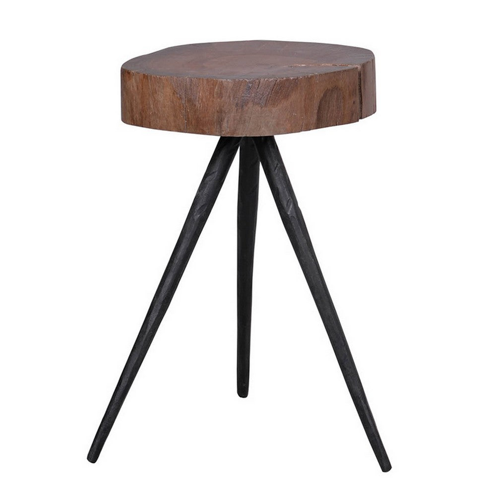 24 Inch Side End Table, Round Mango Wood Brown Tree Top, Black Metal Tripod By Casagear Home