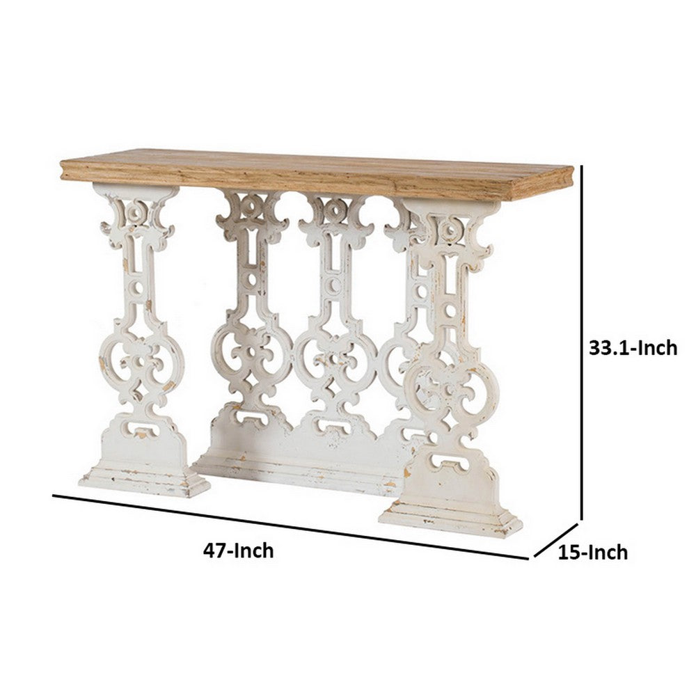 47 Inch Console Sofa Table, Fir Wood Rectangular Top, White Carved Legs By Casagear Home