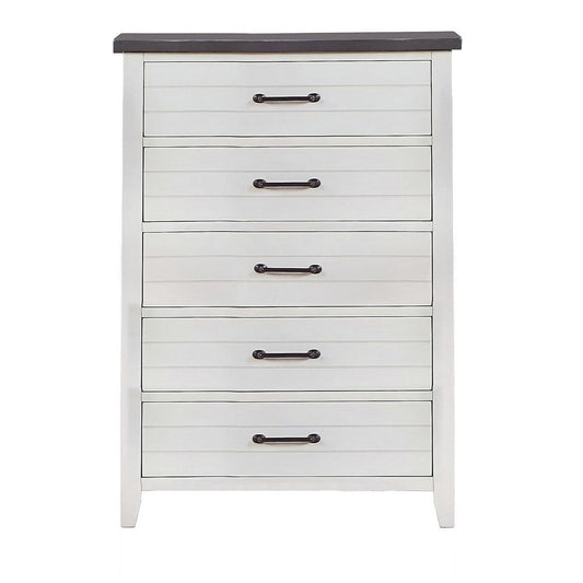 Akira 42 Inch Tall Dresser Chest, 5 Drawers, White Solid Wood, Gray Top By Casagear Home