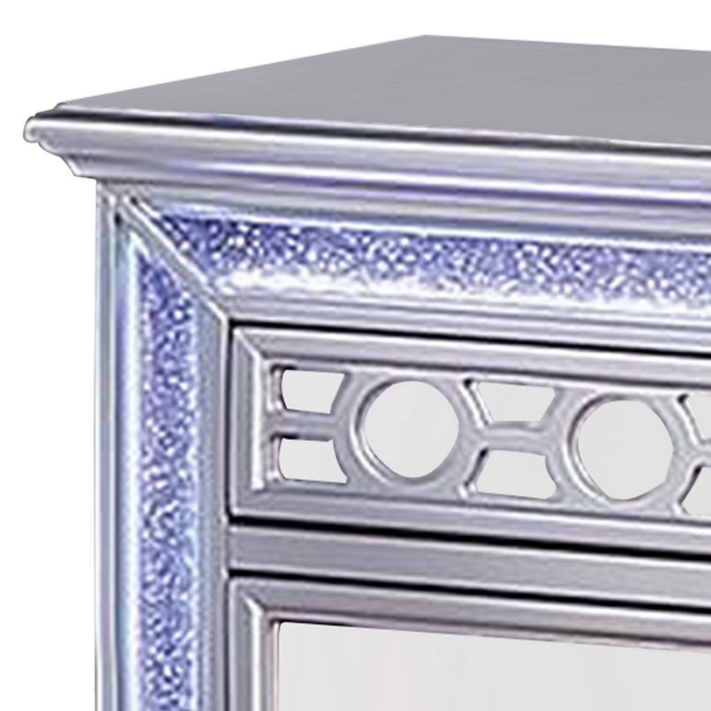 Amara 30 Inch Nightstand, LED Lights, Knobs, Mirror Panels, Wood, Silver By Casagear Home