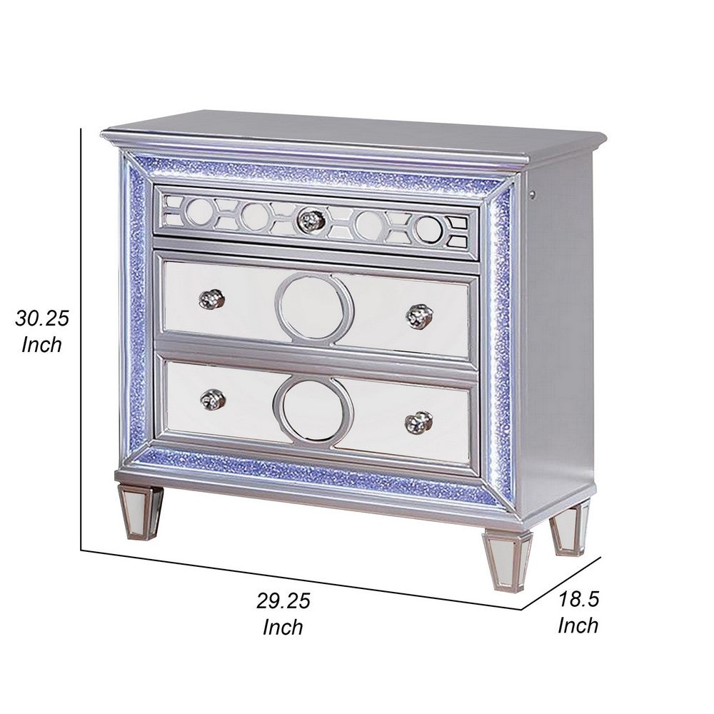 Amara 30 Inch Nightstand, LED Lights, Knobs, Mirror Panels, Wood, Silver By Casagear Home