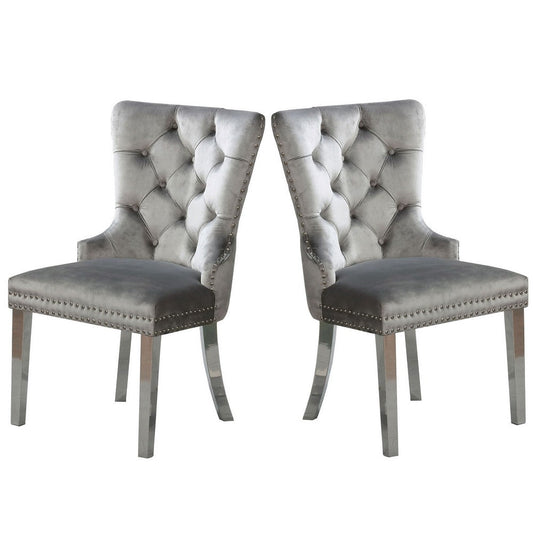 24 Inch Dining Side Chair Set of 2, Tufted Silver Gray Fabric, Chrome legs By Casagear Home