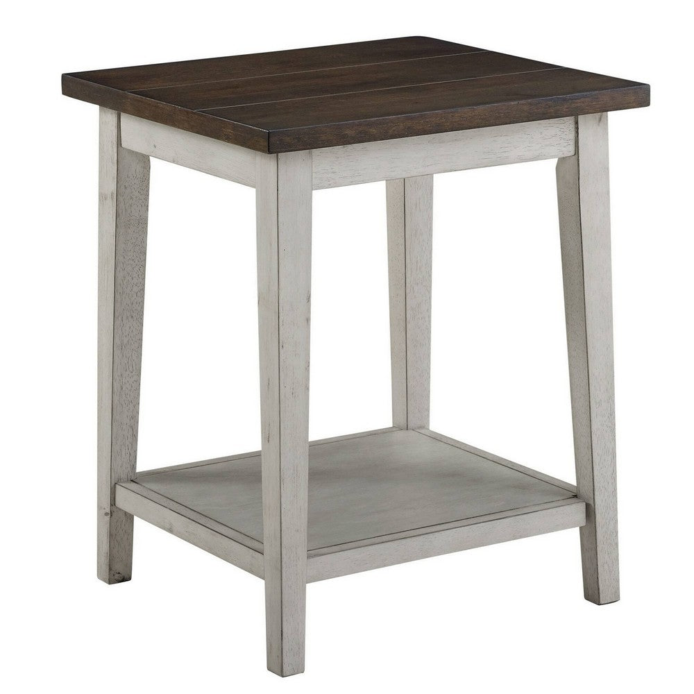 Eleni 24 Inch Side Table, Square Bottom Shelf, Antique White and Brown Wood By Casagear Home