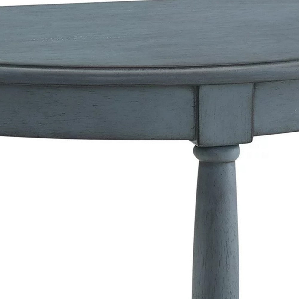 Kiana 28 Inch Side End Table, Bottom Shelf, Semicircle, Antique Blue Wood By Casagear Home